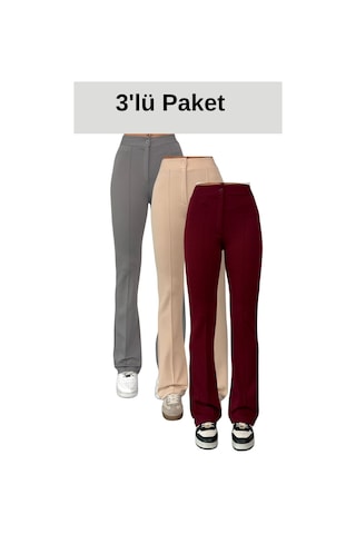 Thiff Gymwear Krep Kumaş Likralı Kadın Palazzo Pantolon 3'lü Set Gri-Bej-Bordo