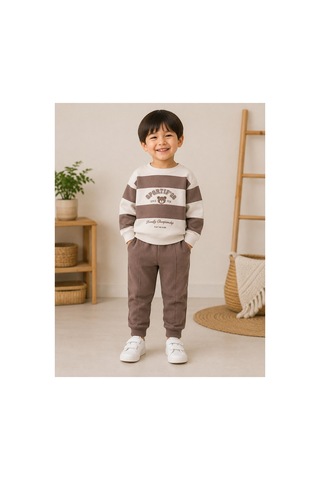 Minaminokids Erkek Çocuk Ayıcık Baskılı Çizgili İkili Takım Kahverengi