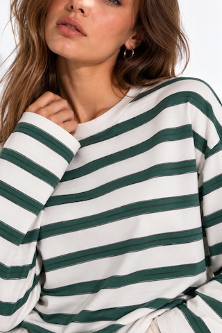 Wild Bee Kadın Yeşil Beyaz Çizgili Pamuklu Bisiklet Yaka Oversize Bluz YEŞİL