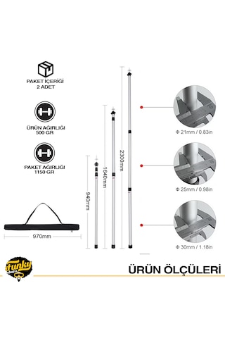 Funky Chaırs 2 Adet Ayarlanabilir Teleskopik Alüminyum Tarp Tente Çadır Direği 230 Cm Gri