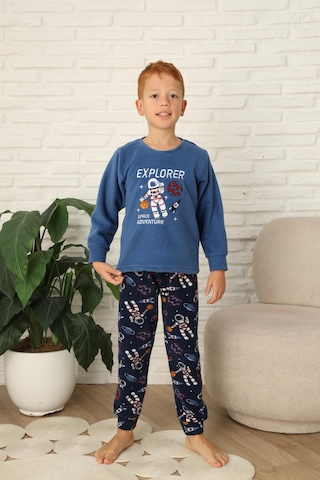 Yeni Stil Sonbahar/kış Erkek Çocuk Uzay Figür Astronot Desen Polar Pijama Takımı 4565 Mavi