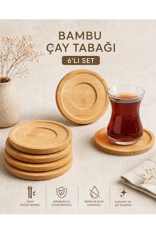 Bambu Çay Tabağı 6'lı Set - Doğal Ahşap Çay Bardak Altlığı 00105