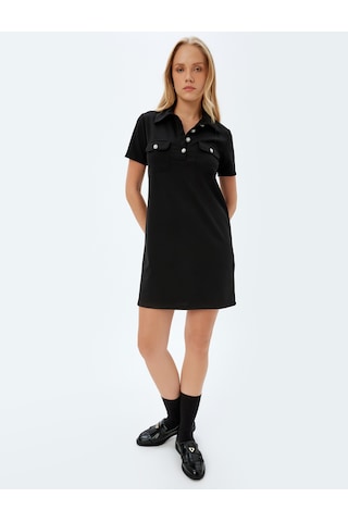 Koton Polo Yaka Elbise Mini Boy A Kesim Kısa Kollu İnci Düğme Ve Cep Detaylı Siyah 5sak80042ek Siyah
