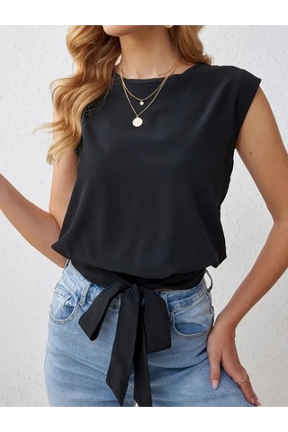 Sensuelle Kadın Sıfır Kol Etek Ucu Bağlama Detay Ithal Krep Bluz Siyah