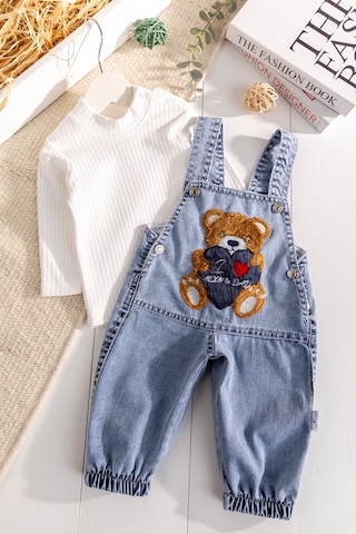 Baby Mod Ayıcık Figürlü Denim 2'li Erkek Bebek Kot Salopet Tulum mavi