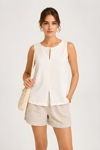 Lili Woman Kadın Ekru Çift Yön Fermuarlı Premium Fit Form Kolsuz Crop Bluz 5057 Beyaz