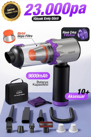 Auhma Ahv-29 Kablosuz Araç Süpürgesi 220w 23000pa Güçlü Vakum & Üfleme Özellikli Şarjlı Oto Süpürge Gri