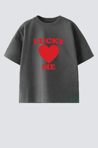 Monila Kız Çocuk Pamuklu Bisiklet Yaka Kalp Baskılı T-shirt Antrasit