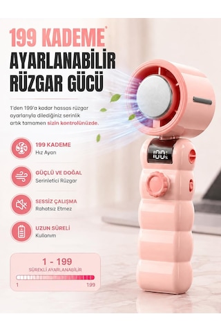 Şarjlı El Vantilatörü Soğutma Plakalı, 199 Kademeli Ayarlanabilir Hız, Dijital Ekranlı, Type-c Şarjlı Taşına