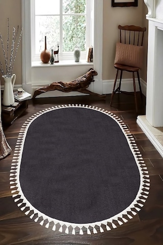 Vl Oval Comfort Overloklu Peluş Halı Beyaz Saçaklı Oval Antrasit