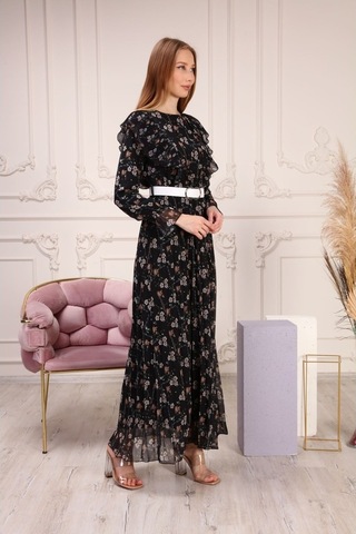 Aymeravm - Omuzu Fırfırlı Desenli Kadın Elbise - She2301Ga