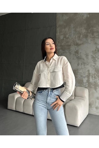 Defymoda Çift Renkli Kısa Gömlek Krem S4021 Krem