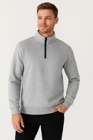 Mbb E-ticaret Erkek Dik Yaka Yarım Fermuarlı 3 İplik Pamuklu Sweatshirt - Gri