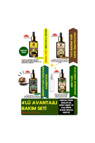Amazeus 4'lü Bakım Seti ''saç, Cilt Ve Kaş/kirpik Genel Bakım'' %100 Saf Argan,tatlı Badem,biberiye,hint