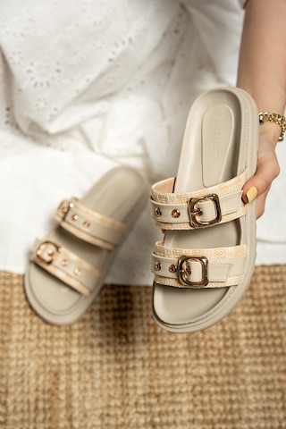 Bassa Kadın Hasır Detaylı Tokalı Terlik Bej