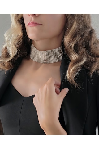 Gümüş Kaplama Rhinestone Choker Tasma Model Kolye Gümüş