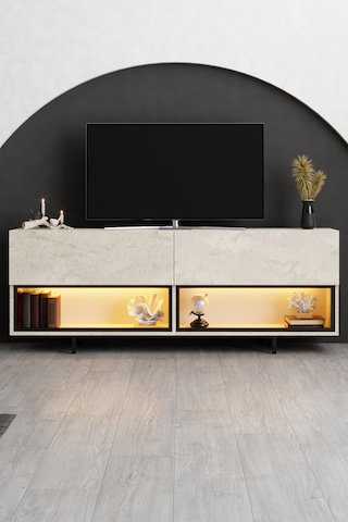 Ekol Siyah Demir Ayaklı Rgb Led Işık Sistemli Traverten Tv Ünitesi Tv Sehpası M2 Traverten - Siyah