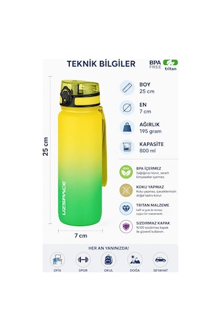 800 Ml Çift Renk Softtouch Tritan Su Matarası Sarı-yeşil
