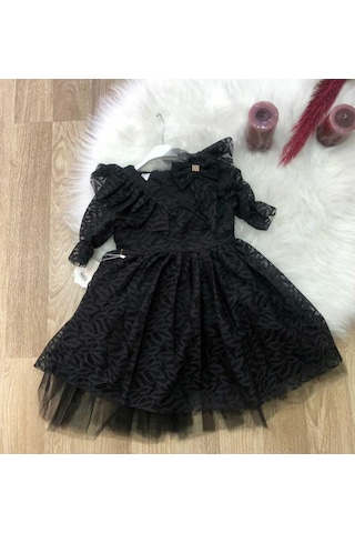 Kız Çocuk Siyah Tül Desenli Doğum Günü Hediye Şık Prenses Elbise Siyah