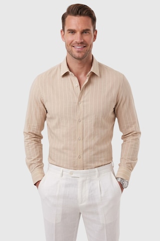 Rizzup Erkek Slim Fit %95 Pamuk Çizgi Dokulu Bej Ütü Gerektirmeyen Gömlek 2600002