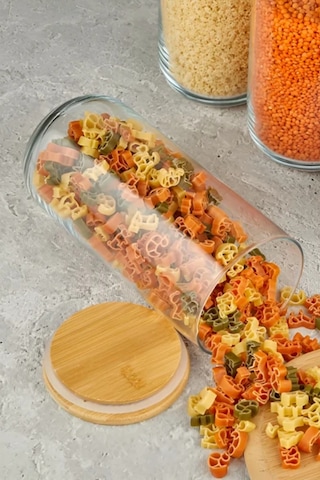 Tilbe Home 2 Adet Vakumlu Bambu Kapaklı Cam Kavanoz 1400ml Baharatlık Bakliyat Gıda Saklama Kabı Org ŞEffaf