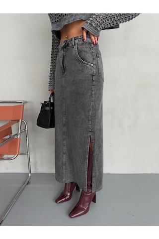 Zeo Basic Yanlardan Yırtmaçlı Füme Jean Maxi Etek Siyah/Füme