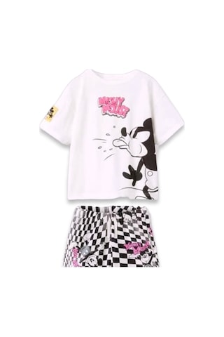 Lolliboomkids Yeni Sezon Siyah Beyaz Pembe Damalı Karakter Baskı Mickey T-shirt Şort Alt Üst Takım Siyah - Beyaz