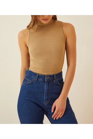 Barlashive Kadın Full Likralı Fitilli Kaşkorse Body - Camel Çok Renkli