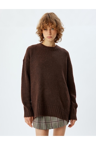 Koton Basic Triko Tunik Bisiklet Yaka Uzun Kollu Kahverengi 5wal60002ıt