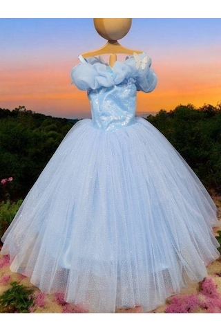 Kız Çocuk Prenses Yaka Kelebek İşlemeli Pullu Tarlatanlı Abiye Elbise-15464 Mavi