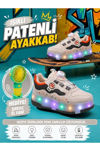 Undergrand Işıklı Patenli 4 Tekerlekli Spor & Paten Dönüşümlü Çocuk Ayakkabısı Bej-haki
