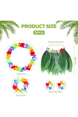 Yetişkin Hawaii Kostüm Seti - Yaprak Etek & Amp Hawaii Set - 5 Parça "