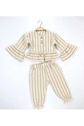 Babyhola Kız Bebek Çocuk Bayramlık Takım Volan Kollu Simli Müslin 2011 Kahverengi