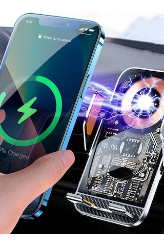 Kablosuz Araç Içi Telefon Tutucu Şarj Araç 3.5-7 Inç Uygun Havalandırma Montaj Transparan C10 Siyah