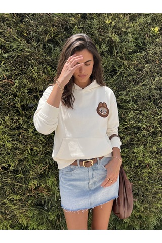 Onloox Kadın Ekru Ekru Pamuklu Karışım Kapüşonlu Yaka Nakış İşlemeli Kanguru Cepli Sweatshirt