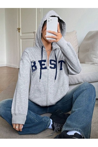 Best Fermuarlı Hırka Sweatshirt - Gri Baskılı Oversize Kışlık Kalın Kapüşonlu Gri