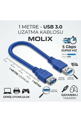 Molix MX-1701 USB 3.0 Uzatma Kablosu 1 Metre - 5Gbps High Speed Dişi/Erkek Port Uzatıcı