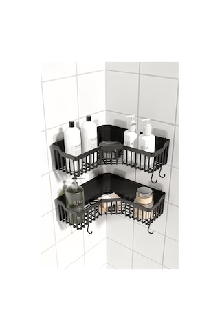 Ata Home Banyor Yapışkanlı Banyo Köşeliği Rafı, 2'li Banyo Düzenleyici, Duvar Duş Rafı Banyo Köşe Şampuanlık Siyah Sku: Smgstk523233543c Açık Ahşap