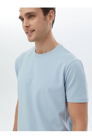 Kip Mavi Düz Bisiklet Yaka Pamuk Karışımlı T-shirt Mavi