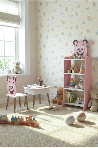 Çocuk Mobilya Seti Happy Face Masa Sandalye ve 4 Raflı Kitaplık Sevimli Figürlü Pembe