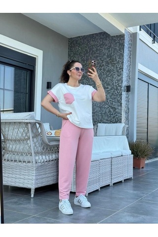 Defymoda Kadın Kristal Kumaş Garnili Cep Detaylı Ikili Takım Pembe