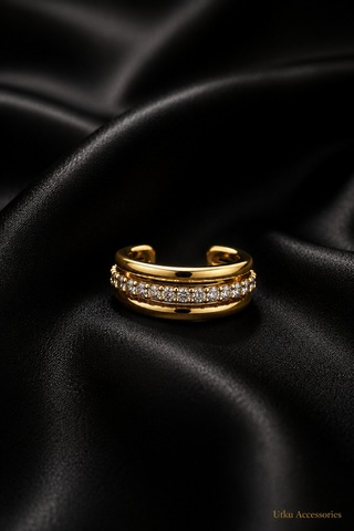 Gold Taşlı Kıkırdak Çelik Küpe Earcuff Altın