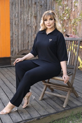 Kadın Günlük Patlı Gömlek Yaka Pantolon Takım Bürümcük Kumaş Siyah