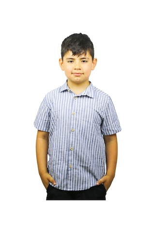 Asg Tekstil Mavi Renk Beyaz Çizgili Kısa Kol Çocuk Gömlek-108