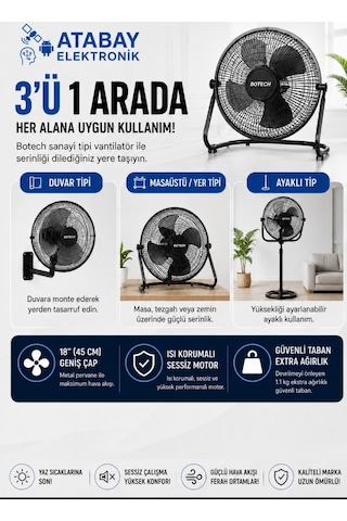 Botech 18 İnç 45 Cm Sanayi Tipi Vantilatör. 3'ü 1 Arada Smart Motor. 3 Kademeli 2 Yıl