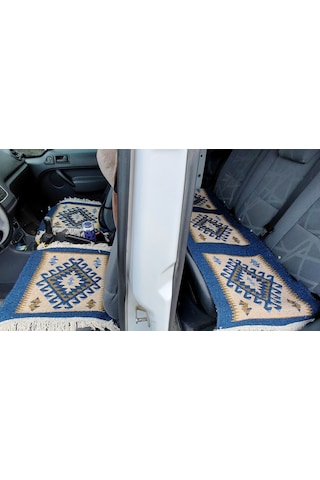 Reversible Oto Koltuk Kilim Seti 3 Parça Makine Dokuma Akrilik & Polyester Saçaklı - Mavi