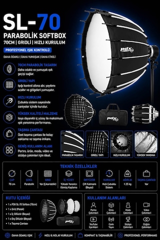 Pdx Sl-70 Softbox 70cm Parabolik Gridli Kolay Kurulum