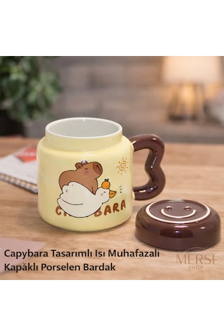 Capybara Tasarımlı Kapaklı Porselen Kupa Bardak Isı Muhafazalı Sevimli Kupa Kahverengi