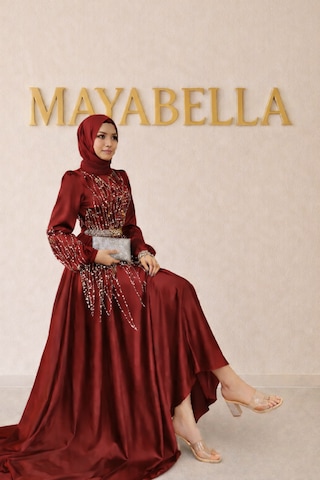 Mayabella Saten Yaprak Desenli Taş Detaylı Tesettür Abiye Bordo
