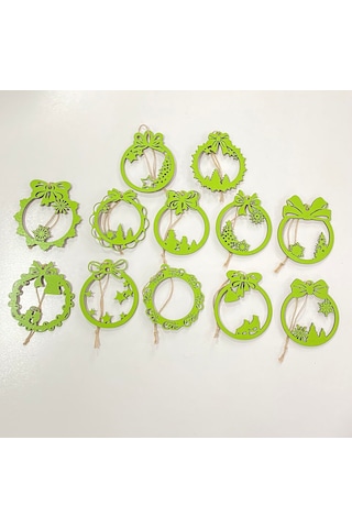 Ahşap 12 Adet Yılbaşı Ağacı Süsü Yeşil